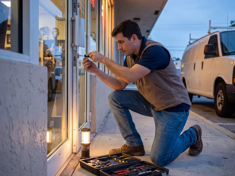 Técnico de cerrajería móvil trabajando en la entrada de un comercio de Miami al atardecer.