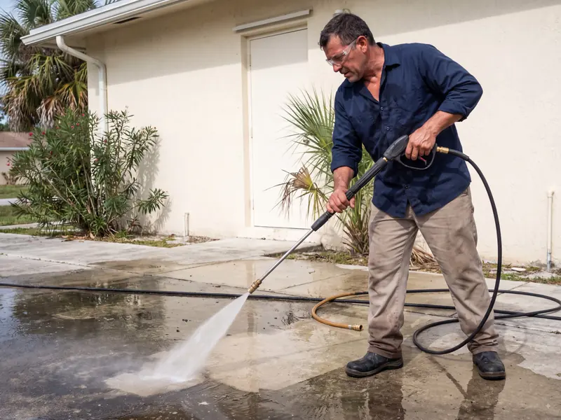 Técnico de lavado a presión trabajando afuera de una casa en Miami.